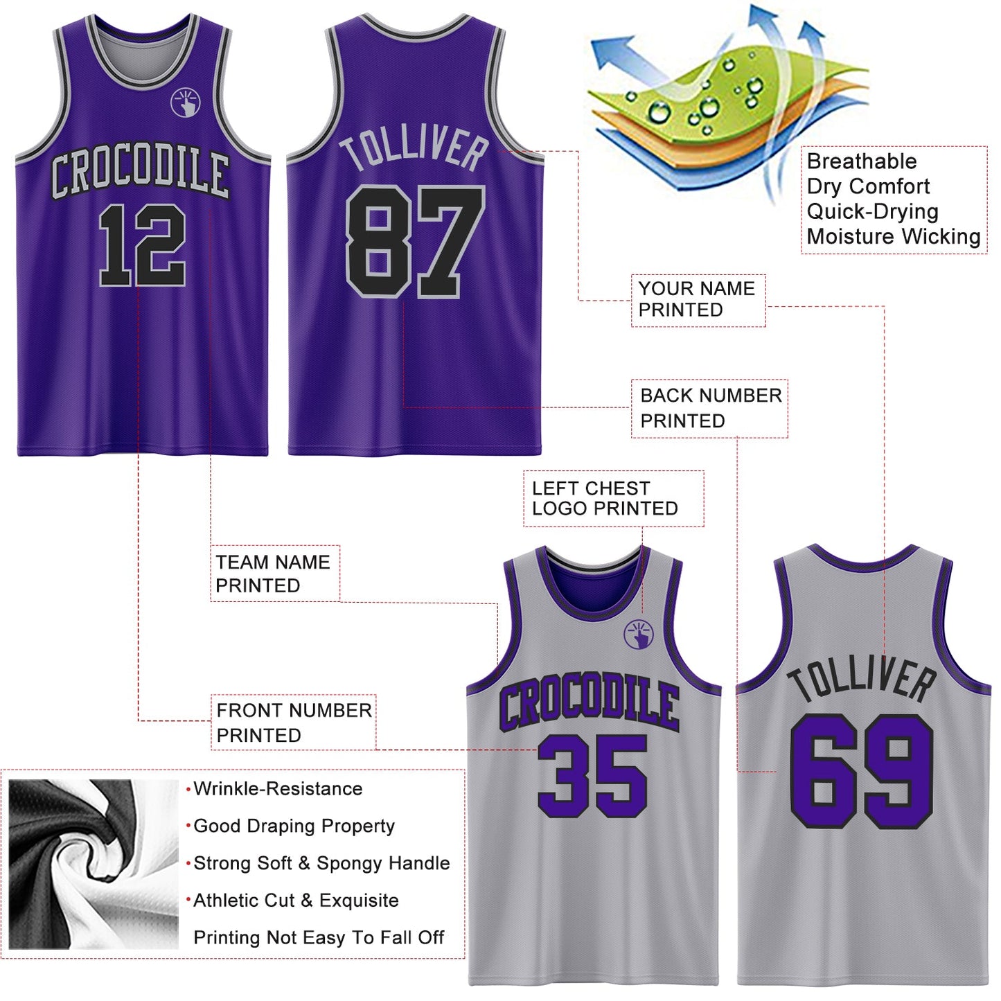 Custom Purple Black-Gray Reversible Double Side Sublimation Basketball Suit Jersey - Sky-Custom
