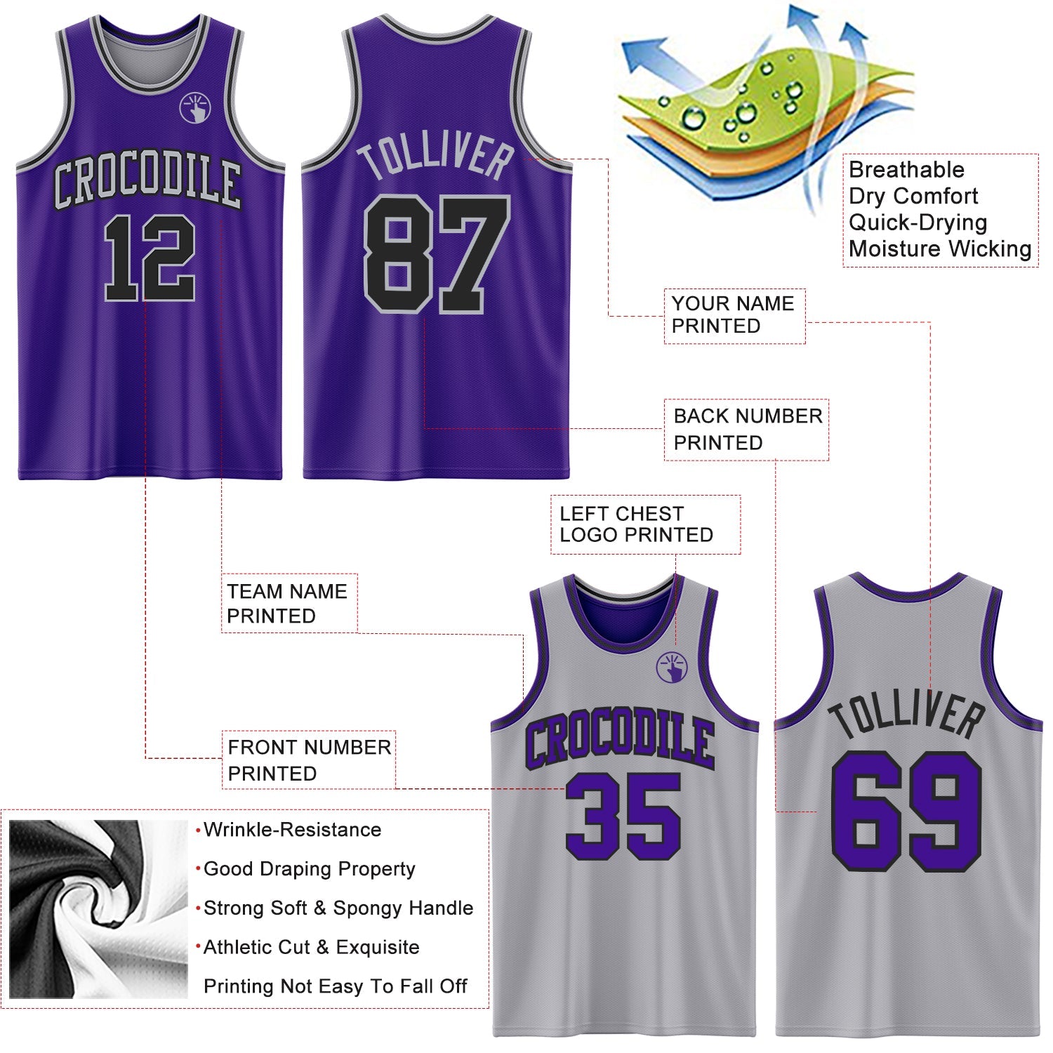 Custom Purple Black-Gray Reversible Double Side Sublimation Basketball Suit Jersey - Sky-Custom