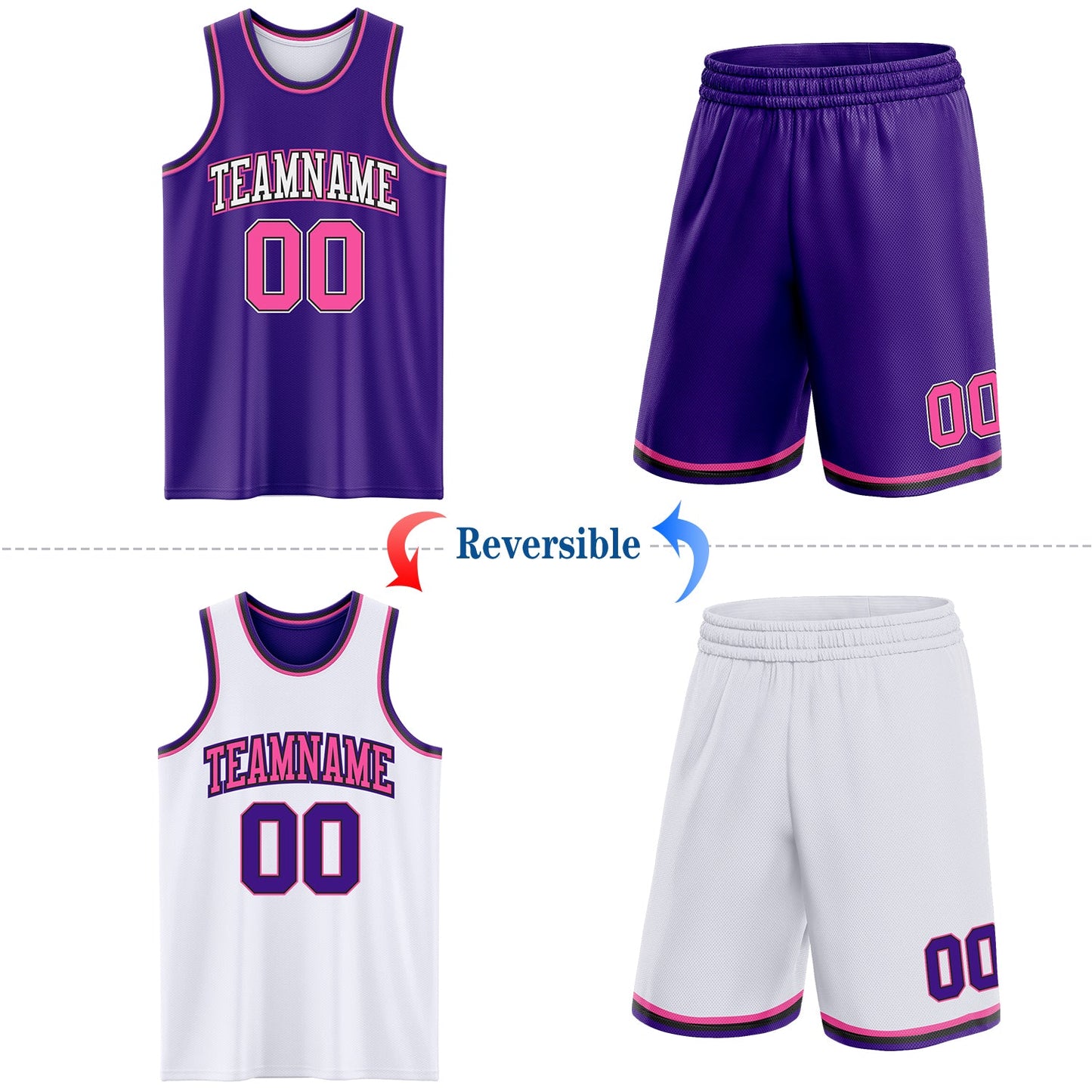 Custom Purple Pink Black-White Reversible Double Side Sublimation Basketball Suit Jersey - Sky-Custom