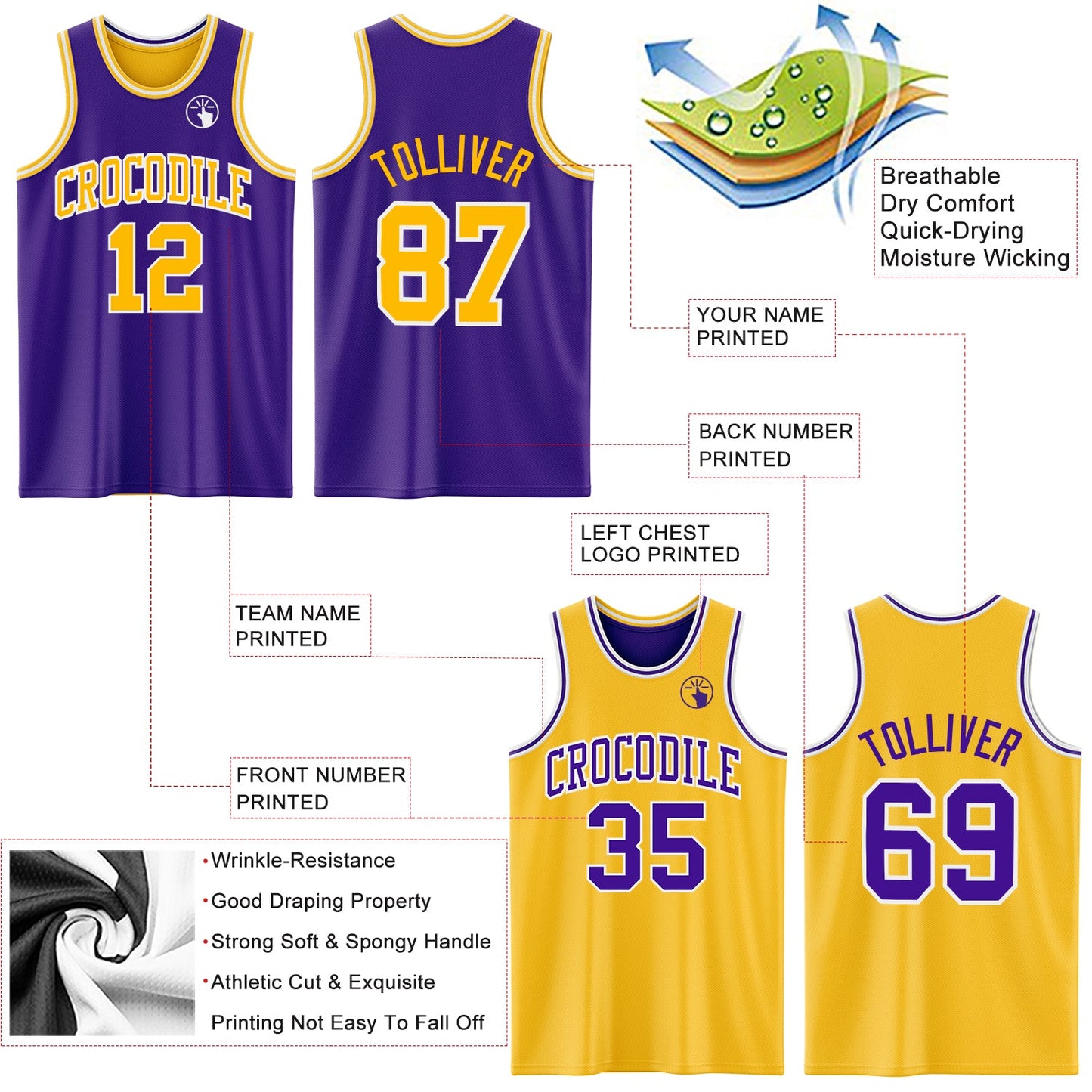 Custom Purple Gold-White Reversible Double Side Sublimation Basketball Suit Jersey - Sky-Custom