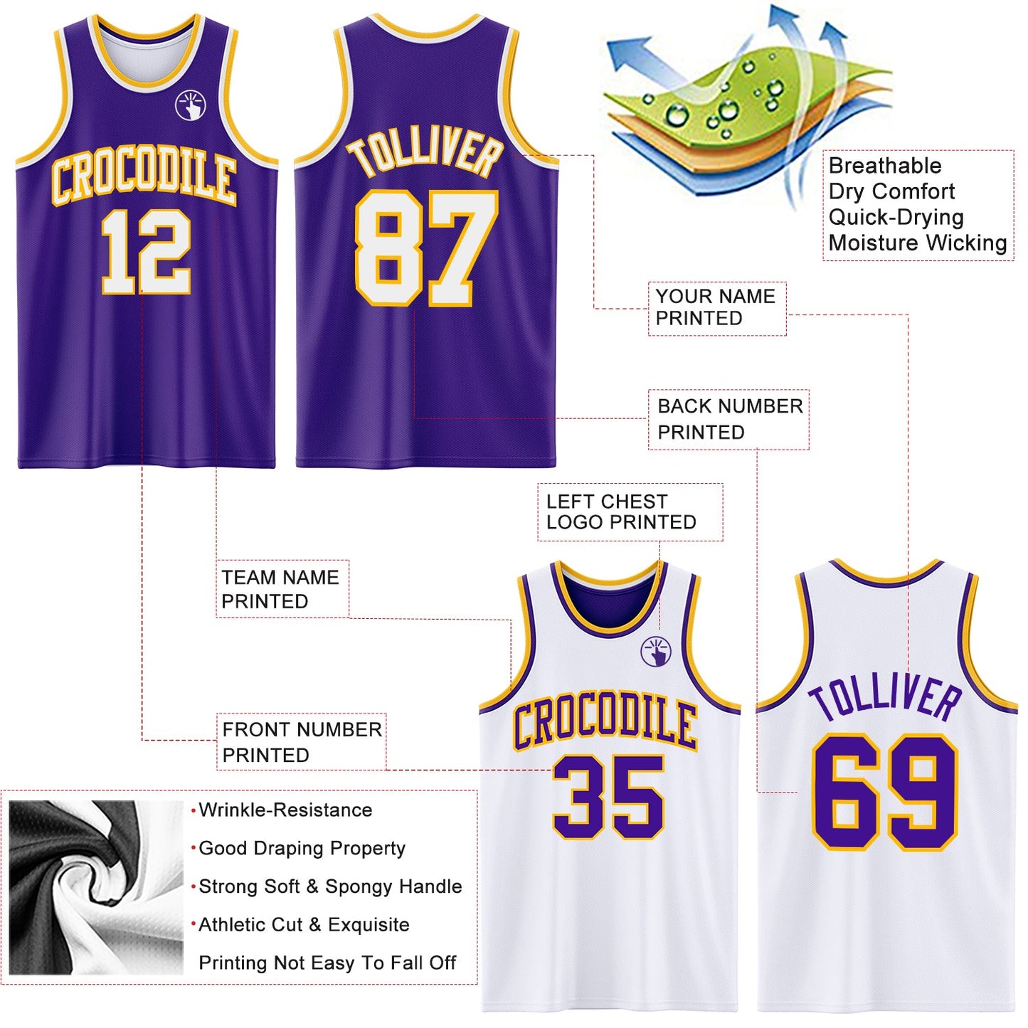 Custom Purple White-Gold Reversible Double Side Sublimation Basketball Suit Jersey - Sky-Custom