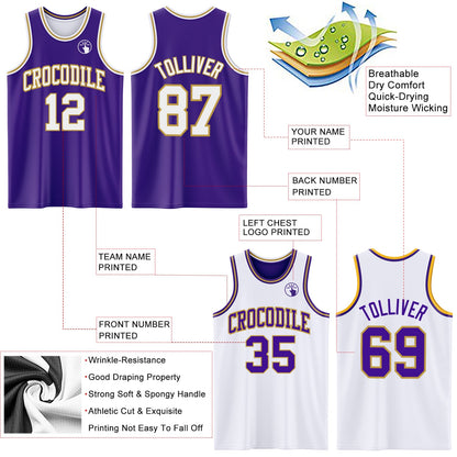 Custom Purple White-Old Gold Reversible Double Side Sublimation Basketball Suit Jersey - Sky-Custom