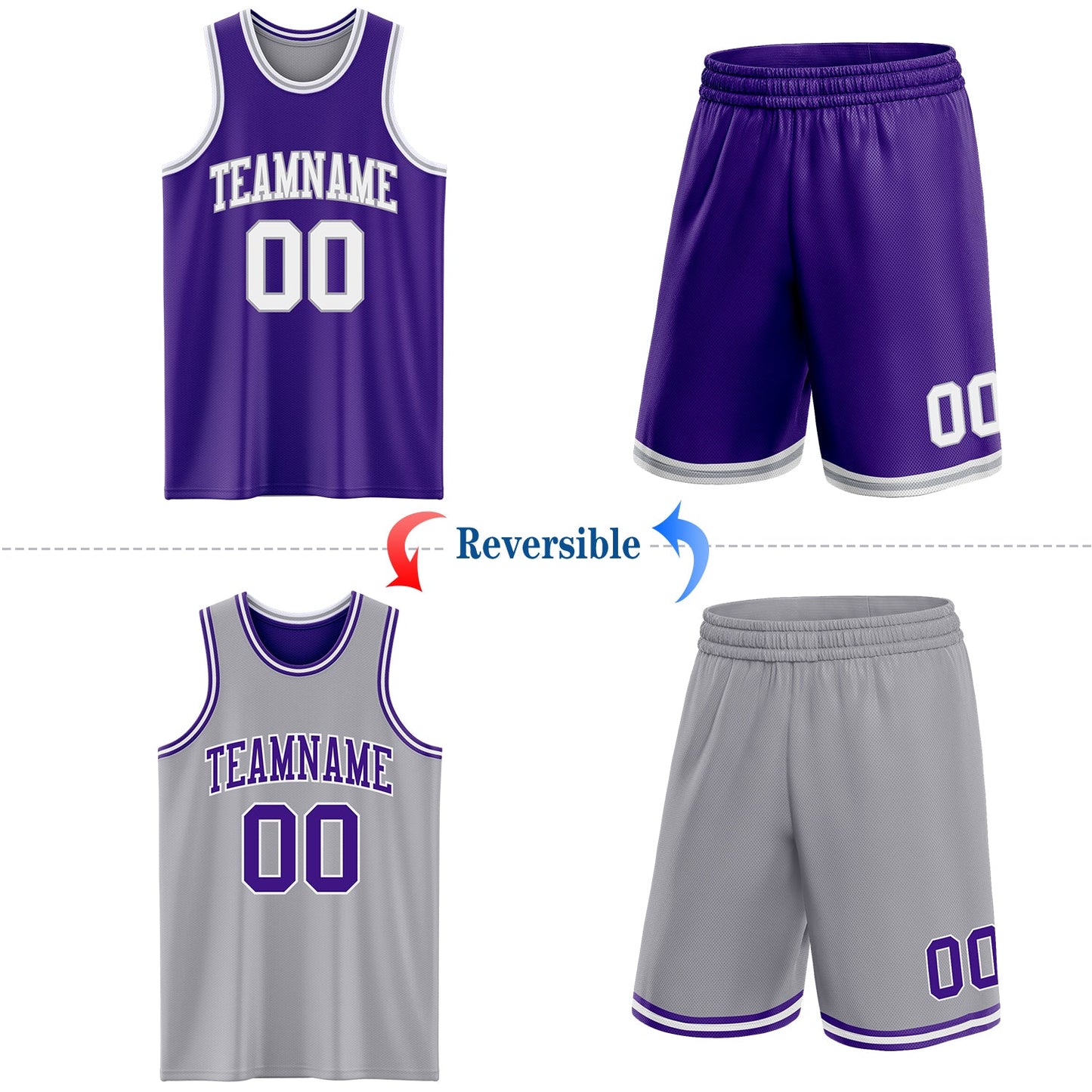Custom Purple White-Gray Reversible Double Side Sublimation Basketball Suit Jersey - Sky-Custom