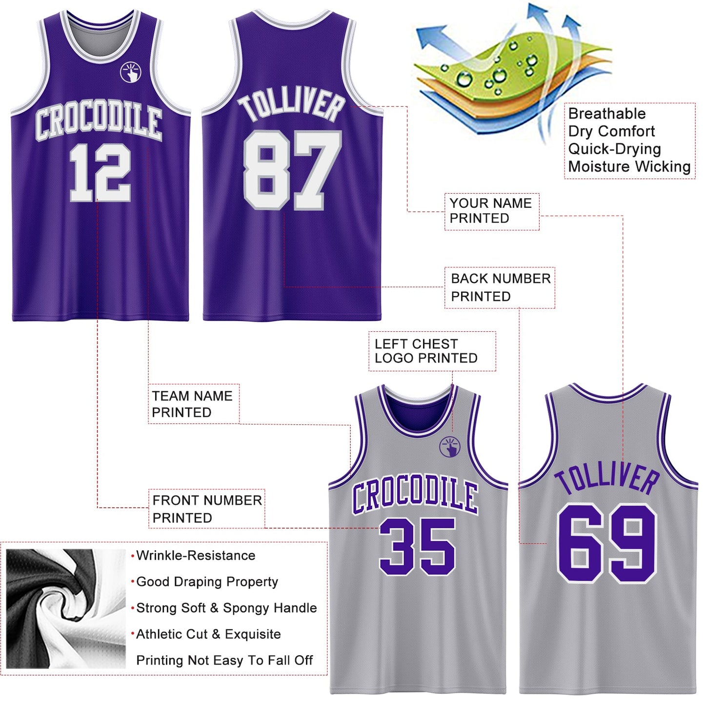 Custom Purple White-Gray Reversible Double Side Sublimation Basketball Suit Jersey - Sky-Custom