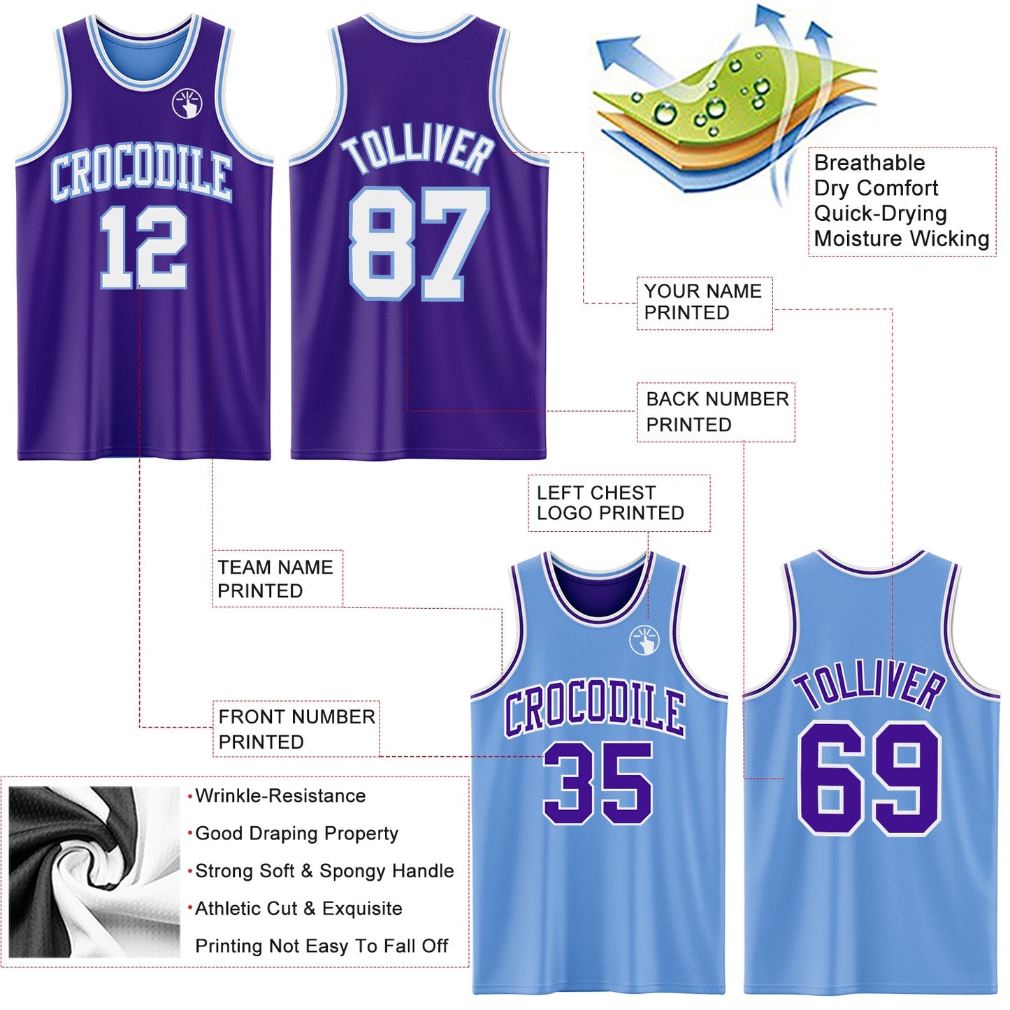 Custom Purple White-Light Blue Reversible Double Side Sublimation Basketball Suit Jersey - Sky-Custom