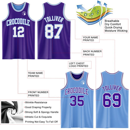 Custom Purple White-Light Blue Reversible Double Side Sublimation Basketball Suit Jersey - Sky-Custom