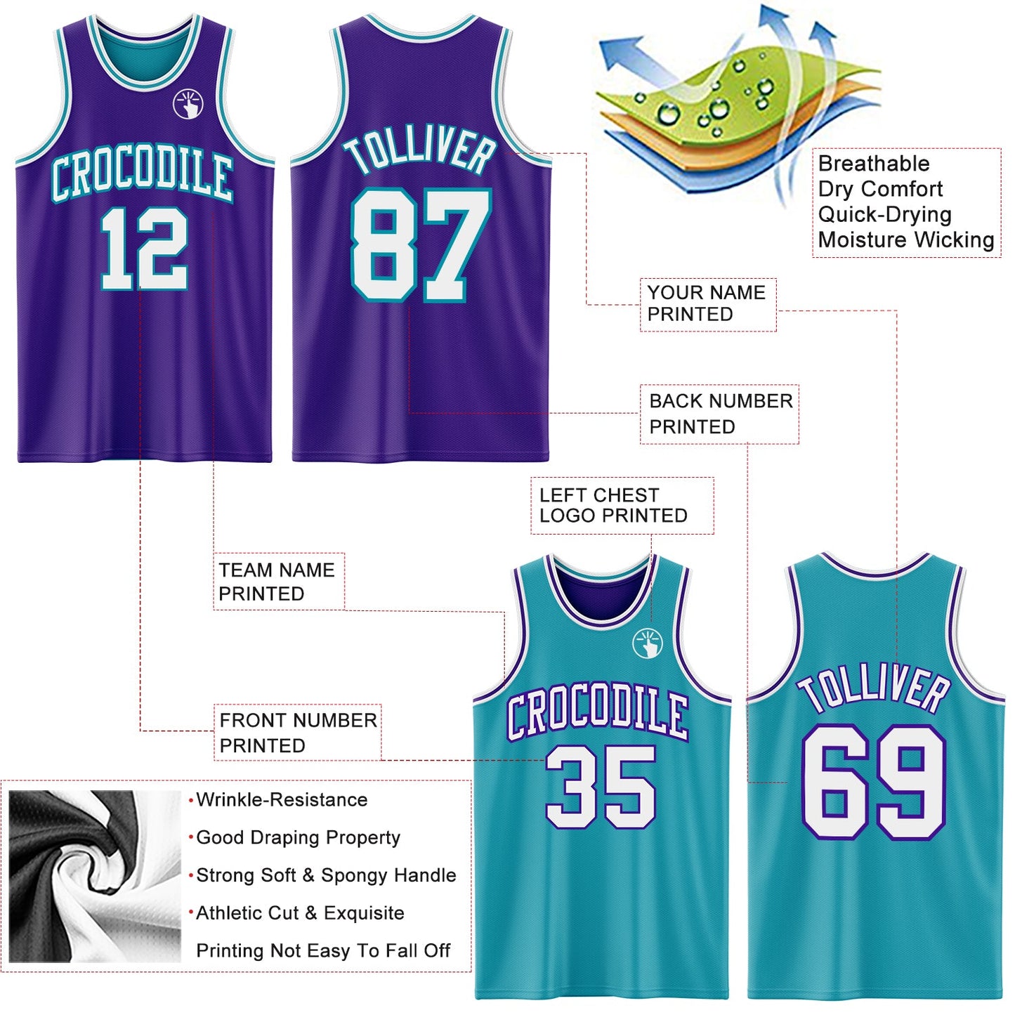Custom Purple White-Teal Reversible Double Side Sublimation Basketball Suit Jersey - Sky-Custom