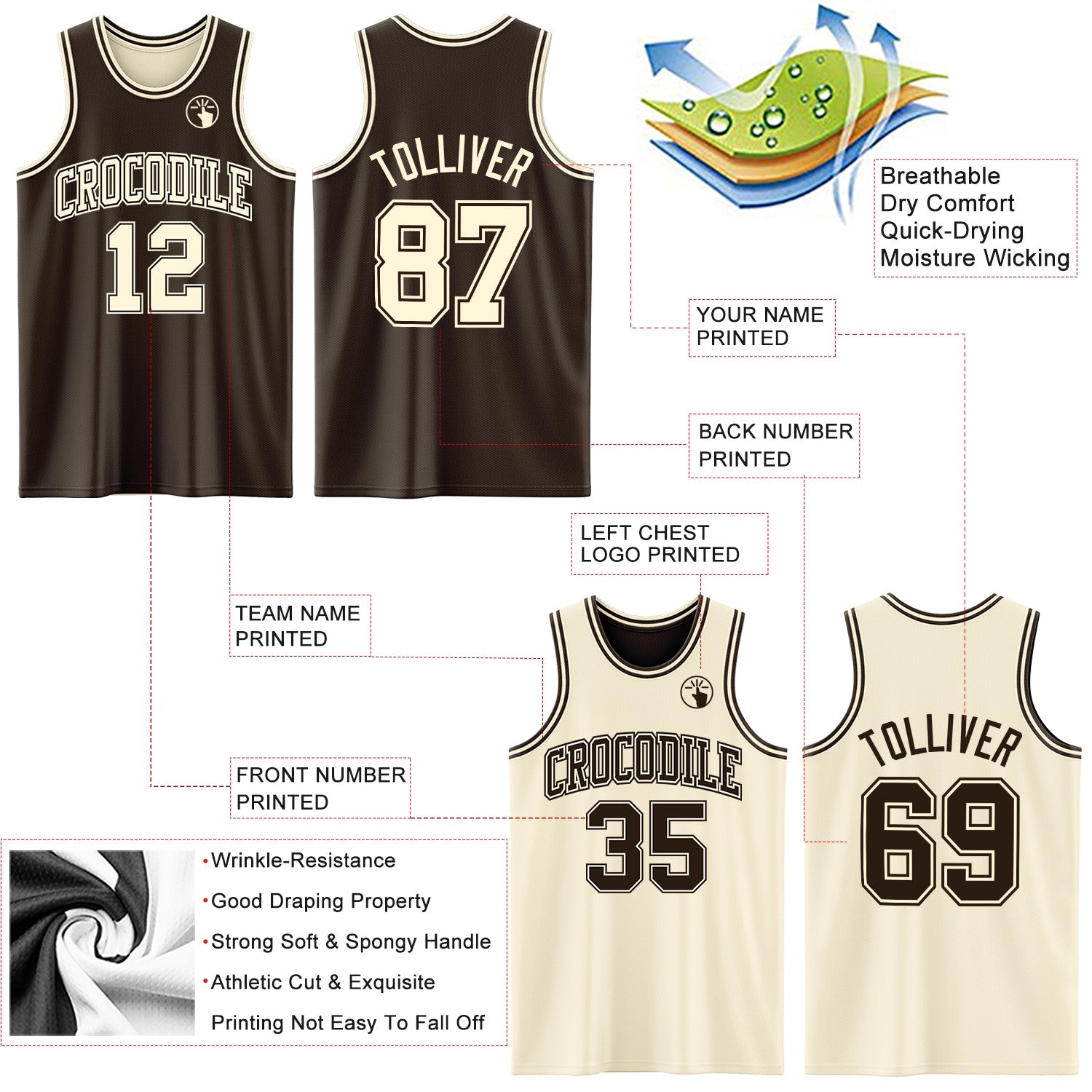 Custom Reversible Brown Cream Double Side Sublimation Basketball Suit Jersey - Sky-Custom