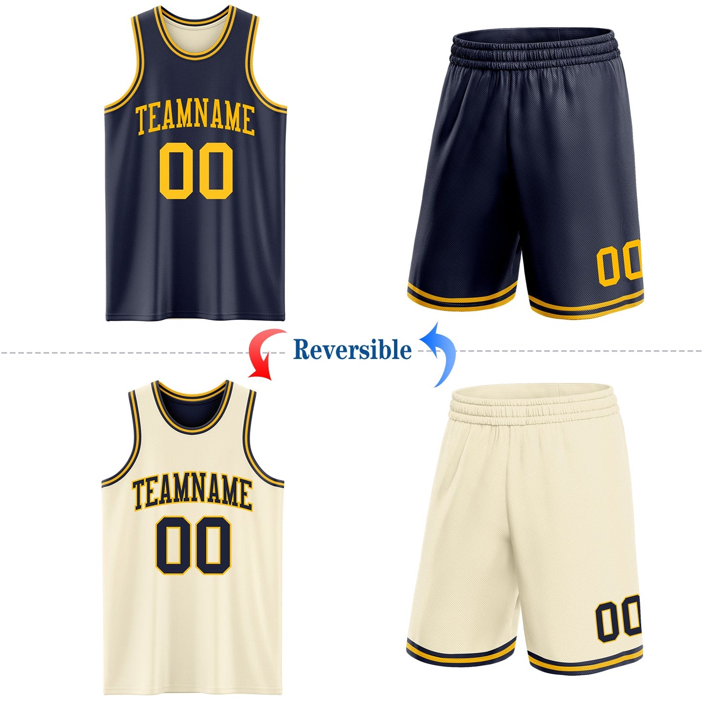 Custom Reversible Navy Gold Double Side Sublimation Basketball Suit Jersey - Sky-Custom