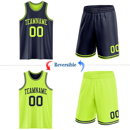 Custom Reversible Navy Neon Green Double Side Sublimation Basketball Suit Jersey - Sky-Custom