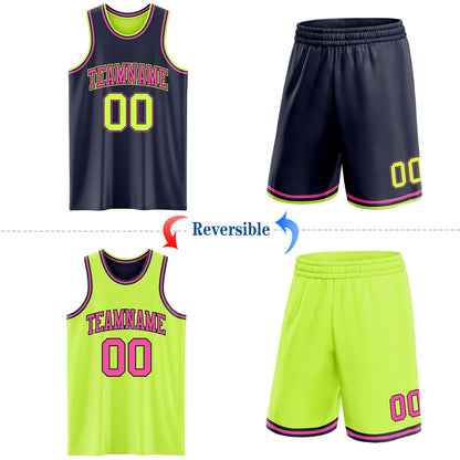 Custom Reversible Navy Neon Green-Pink Double Side Sublimation Basketball Suit Jersey - Sky-Custom