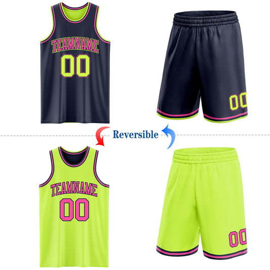 Custom Reversible Navy Neon Green-Pink Double Side Sublimation Basketball Suit Jersey - Sky-Custom