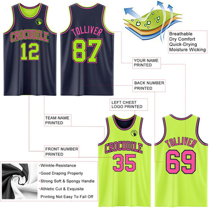 Custom Reversible Navy Neon Green-Pink Double Side Sublimation Basketball Suit Jersey - Sky-Custom