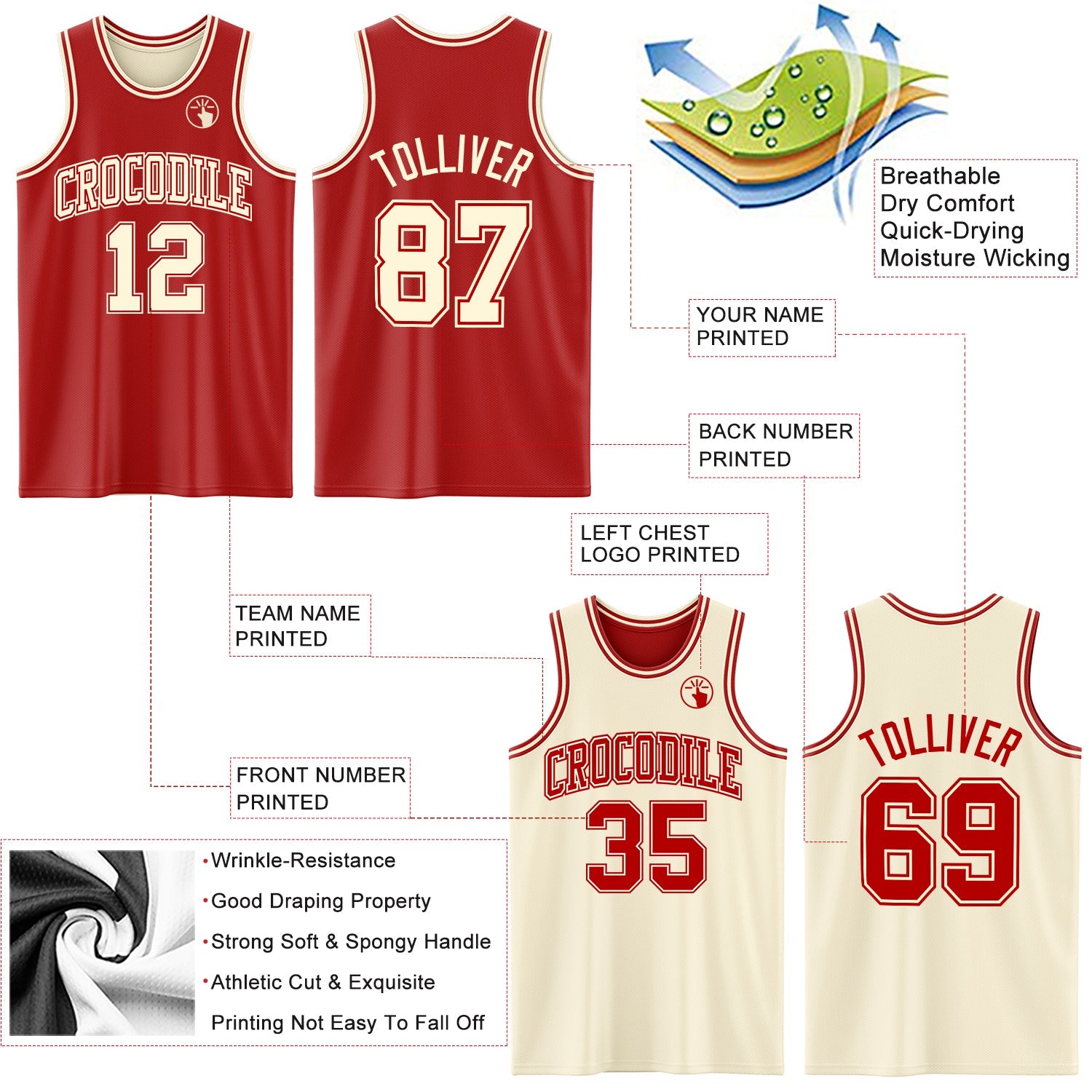 Custom Reversible Red Cream Double Side Sublimation Basketball Suit Jersey - Sky-Custom