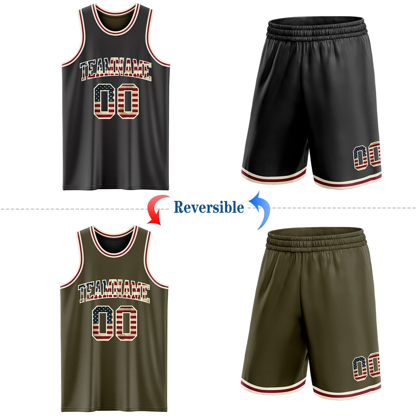 Custom Reversible Black Vintage USA Flag Cream-Maroon Double Side Sublimation Basketball Suit Jersey - Sky-Custom