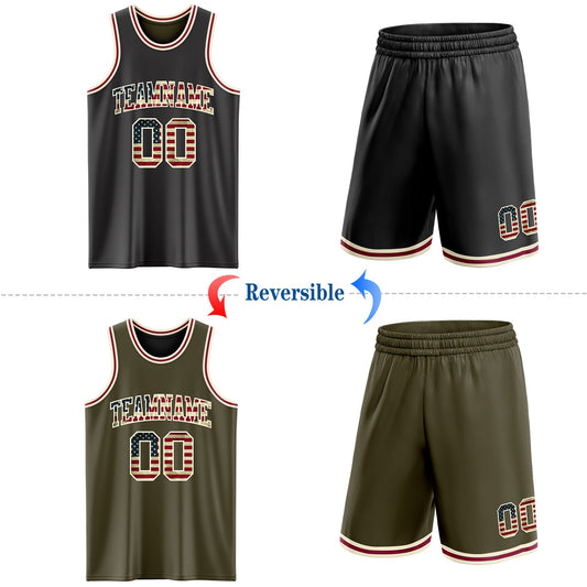 Custom Reversible Black Vintage USA Flag Cream-Maroon Double Side Sublimation Basketball Suit Jersey - Sky-Custom