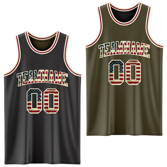 Custom Reversible Black Vintage USA Flag Cream-Maroon Double Side Sublimation Basketball Suit Jersey - Sky-Custom