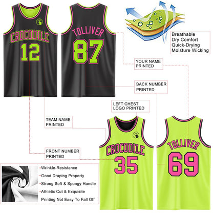 Custom Reversible Black Neon Green-Pink Double Side Sublimation Basketball Suit Jersey - Sky-Custom