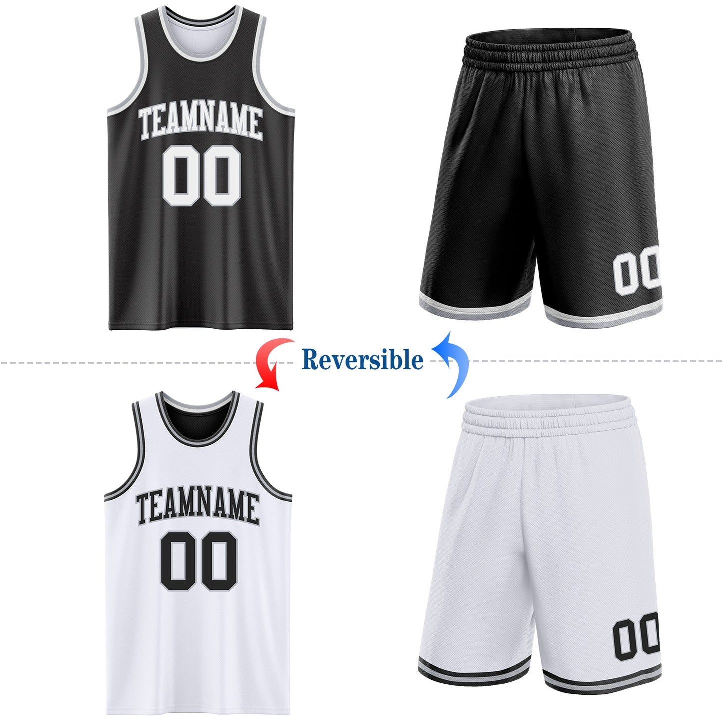 Custom Reversible Black White-Gray Double Side Sublimation Basketball Suit Jersey - Sky-Custom