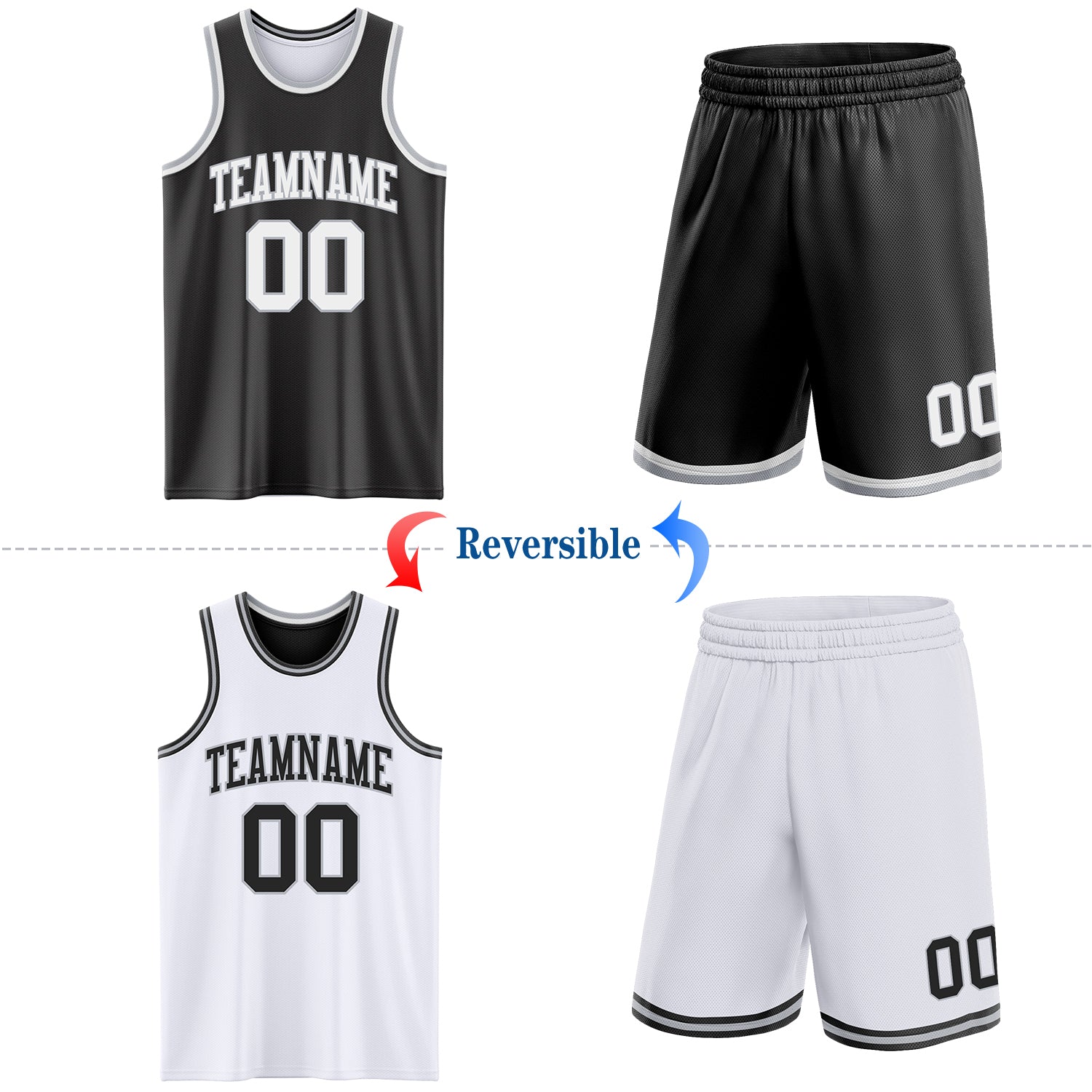 Custom Reversible Black White-Gray Double Side Sublimation Basketball Suit Jersey - Sky-Custom