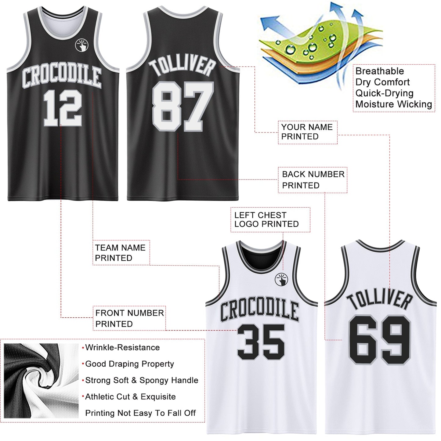 Custom Reversible Black White-Gray Double Side Sublimation Basketball Suit Jersey - Sky-Custom