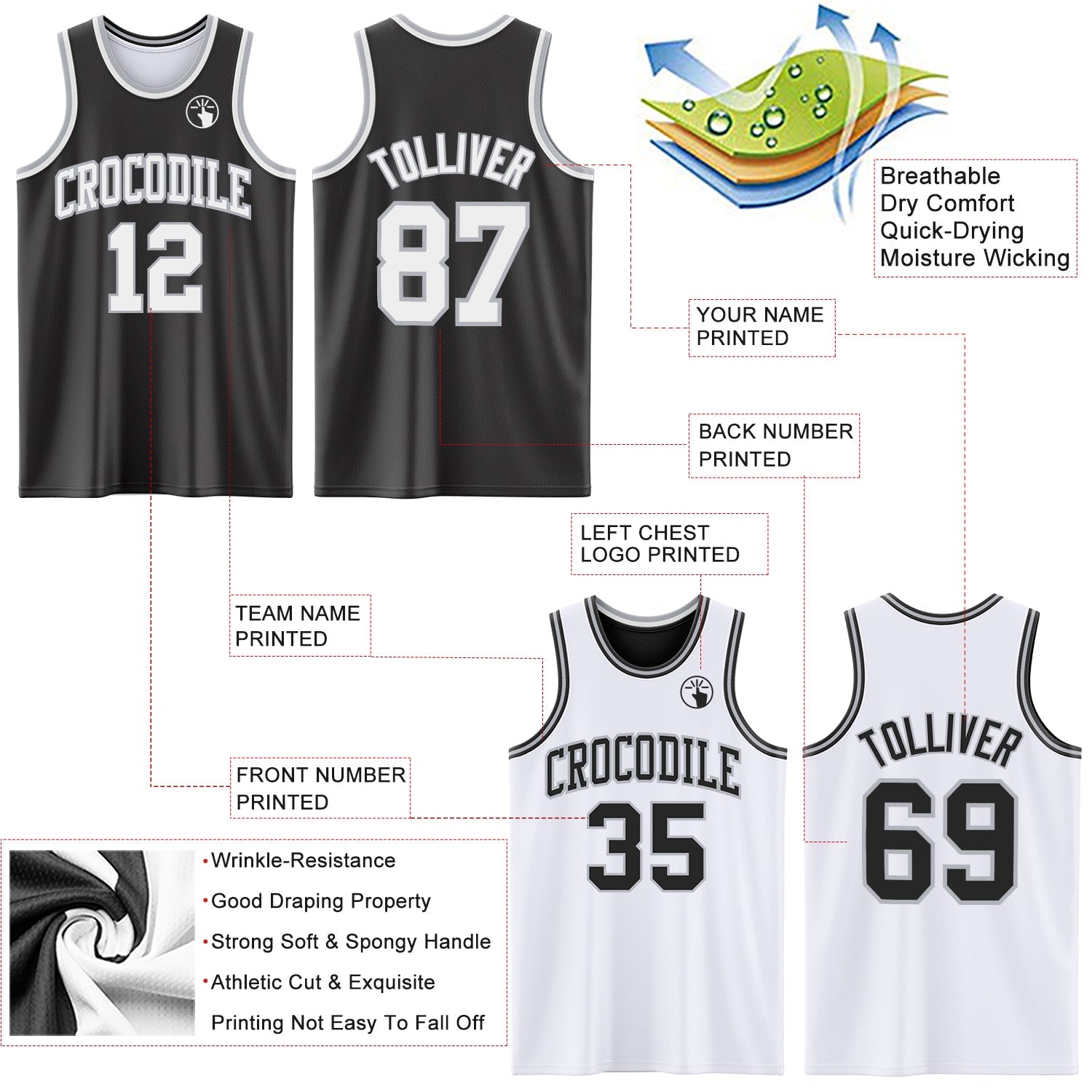 Custom Reversible Black White-Gray Double Side Sublimation Basketball Suit Jersey - Sky-Custom