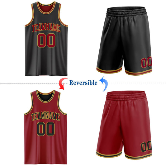 Custom Reversible Black Maroon-Old Gold Double Side Sublimation Basketball Suit Jersey - Sky-Custom