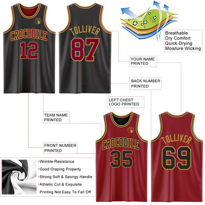 Custom Reversible Black Maroon-Old Gold Double Side Sublimation Basketball Suit Jersey - Sky-Custom