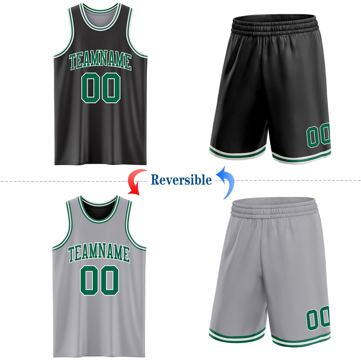 Custom Reversible Black Kelly Green-White Double Side Sublimation Basketball Suit Jersey - Sky-Custom