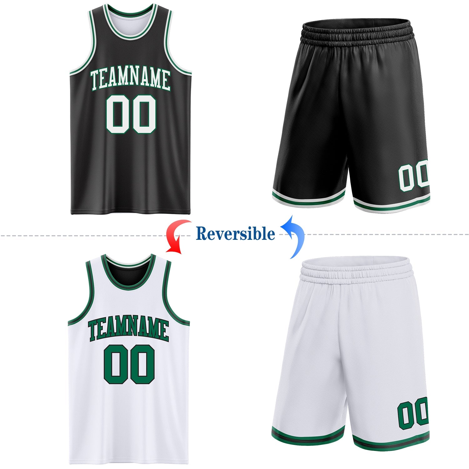 Custom Reversible Black White-Kelly Green Double Side Sublimation Basketball Suit Jersey - Sky-Custom