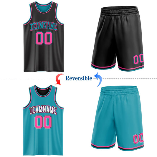 Custom Reversible Black Pink-Teal Double Side Sublimation Basketball Suit Jersey - Sky-Custom
