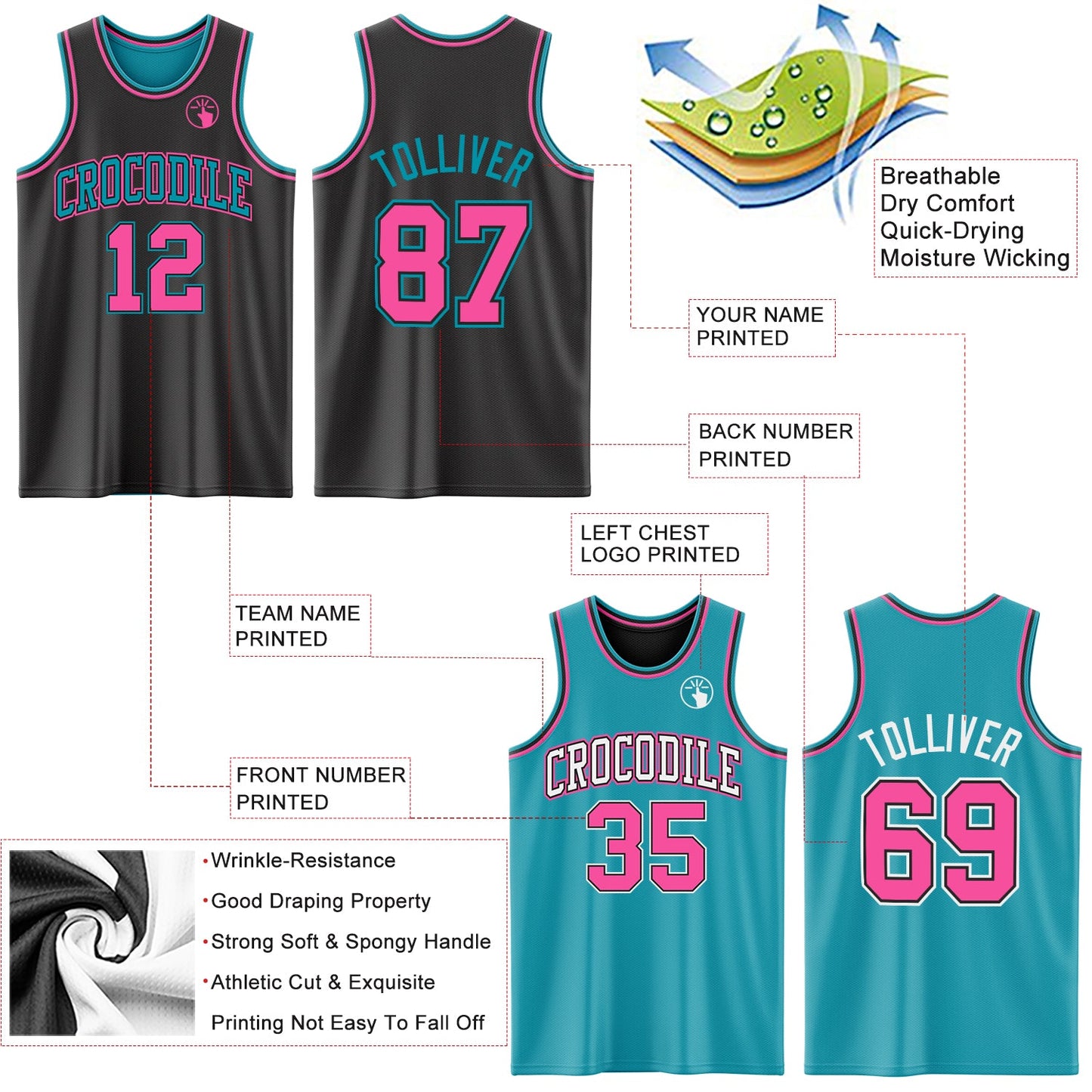 Custom Reversible Black Pink-Teal Double Side Sublimation Basketball Suit Jersey - Sky-Custom