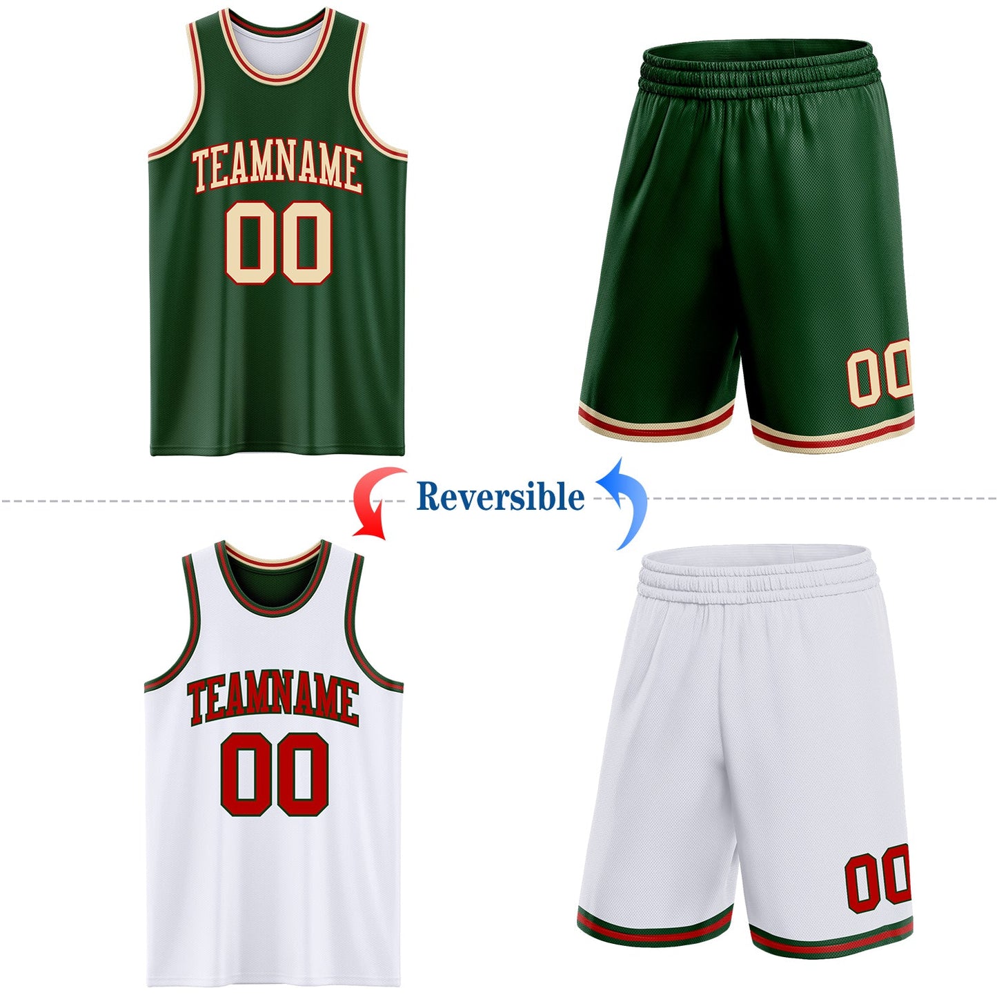 Custom Reversible Green Cream-Red Double Side Sublimation Basketball Suit Jersey - Sky-Custom