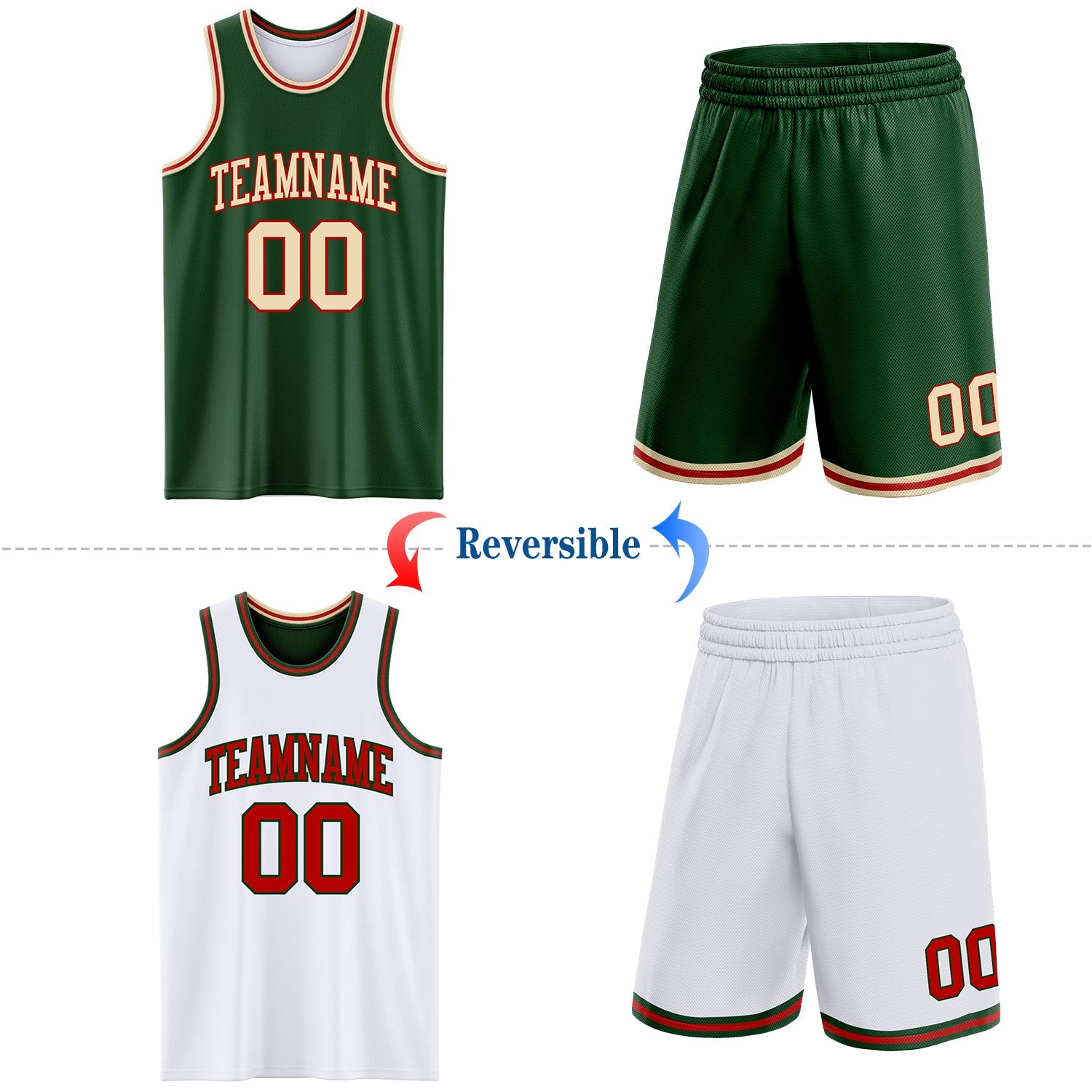 Custom Reversible Green Cream-Red Double Side Sublimation Basketball Suit Jersey - Sky-Custom