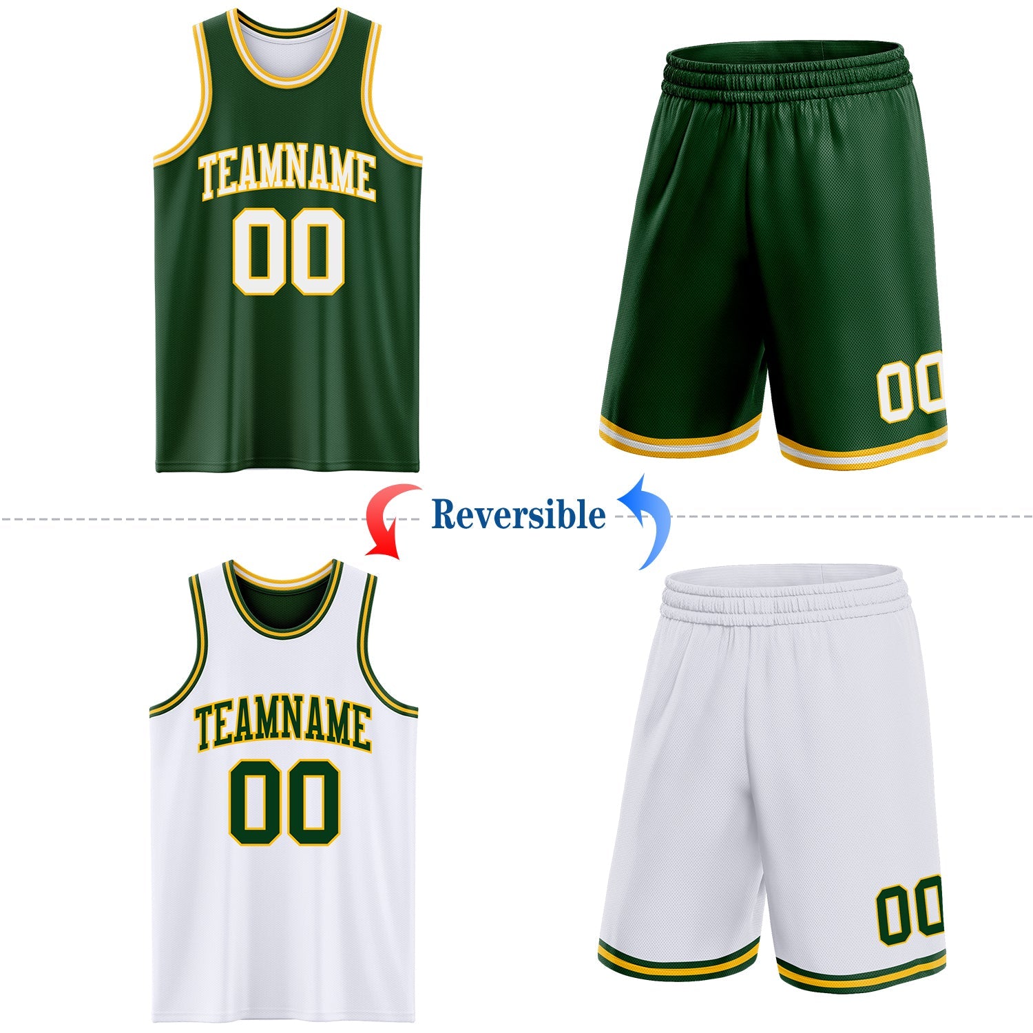 Custom Reversible Green White-Gold Double Side Sublimation Basketball Suit Jersey - Sky-Custom