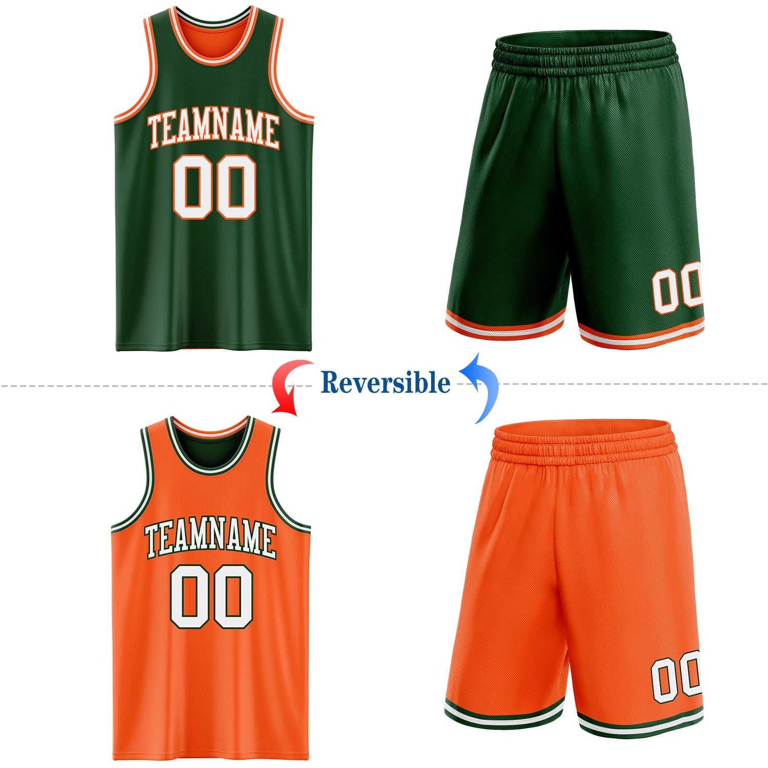 Custom Reversible Green White-Orange Double Side Sublimation Basketball Suit Jersey - Sky-Custom
