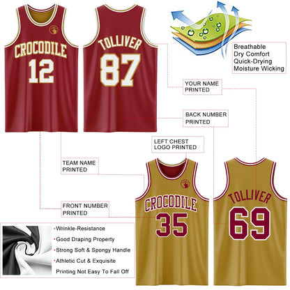 Custom Reversible Maroon White-Old Gold Double Side Sublimation Basketball Suit Jersey - Sky-Custom