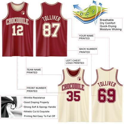Custom Reversible Maroon Cream Double Side Sublimation Basketball Suit Jersey - Sky-Custom