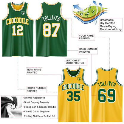 Custom Reversible Kelly Green White-Gold Double Side Sublimation Basketball Suit Jersey - Sky-Custom