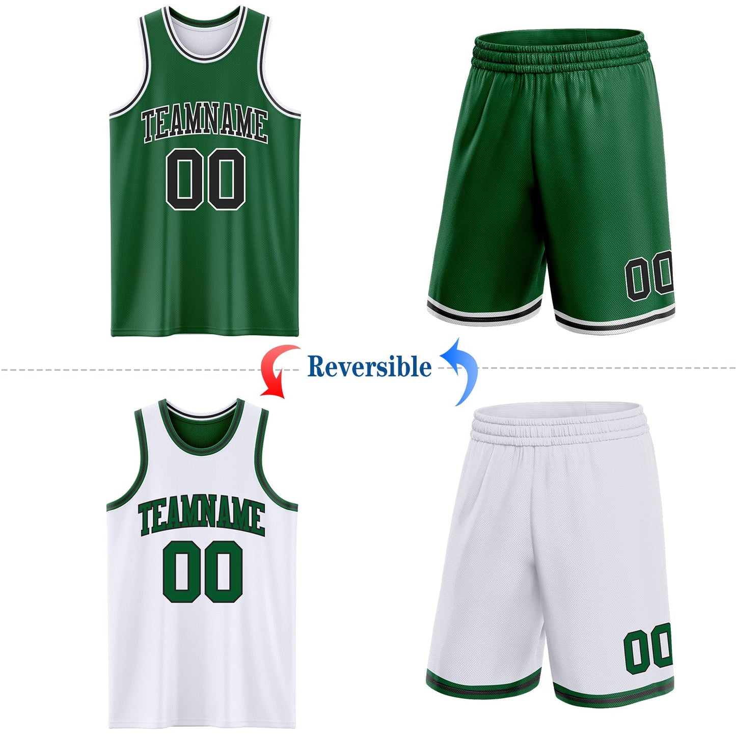 Custom Reversible Kelly Green Black-White Double Side Sublimation Basketball Suit Jersey - Sky-Custom