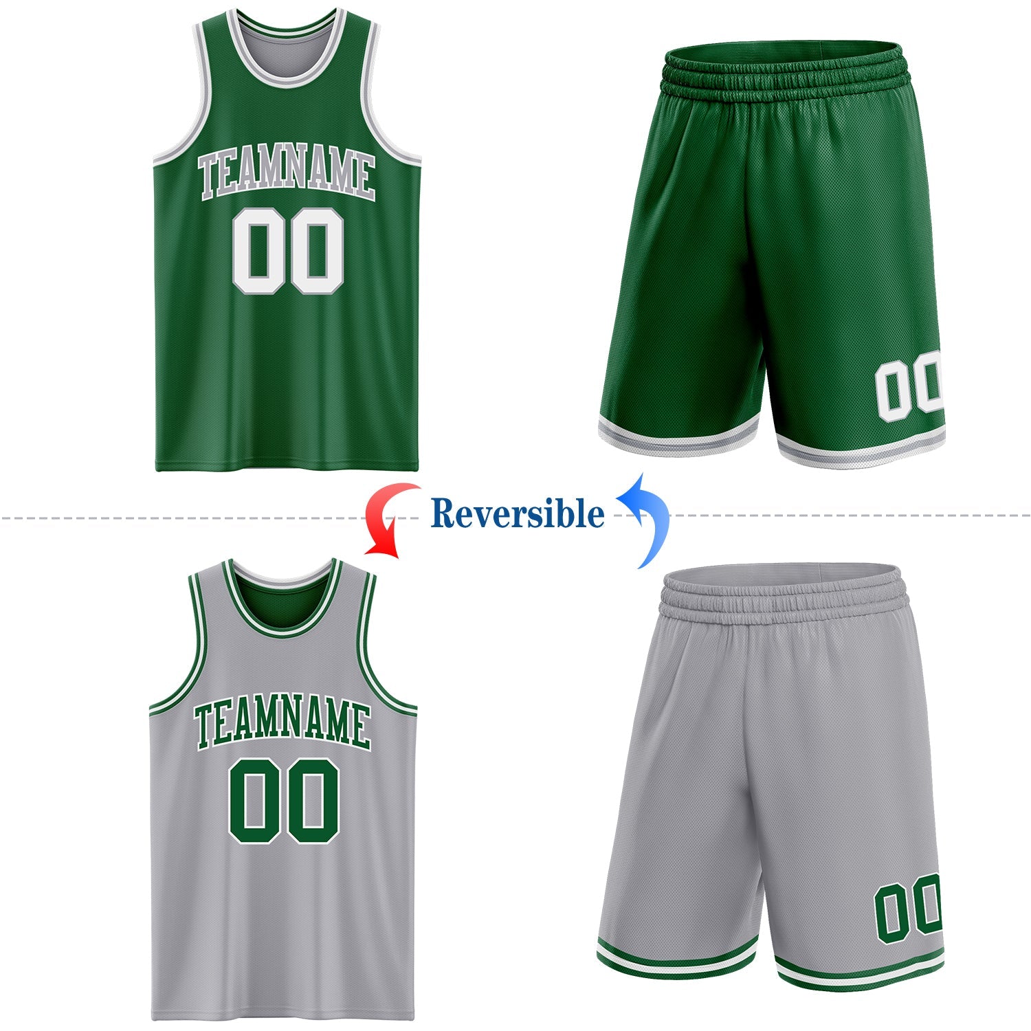 Custom Reversible Kelly Green White-Gray Double Side Sublimation Basketball Suit Jersey - Sky-Custom