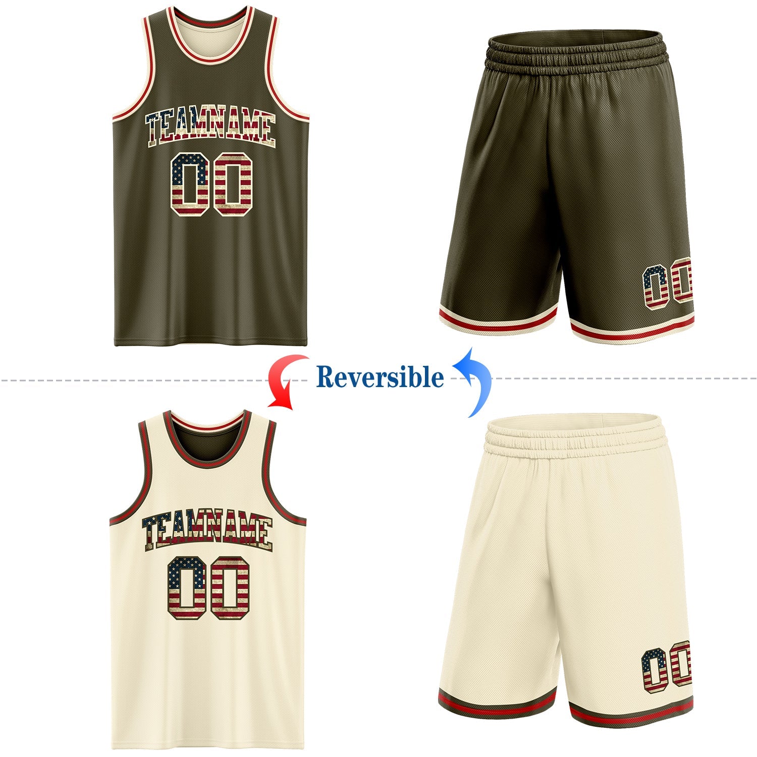 Custom Reversible Olive Vintage USA Flag Cream-Red Double Side Salute To Service Sublimation Basketball Suit Jersey - Sky-Custom