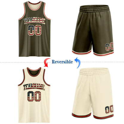 Custom Reversible Olive Vintage USA Flag Cream-Red Double Side Salute To Service Sublimation Basketball Suit Jersey - Sky-Custom