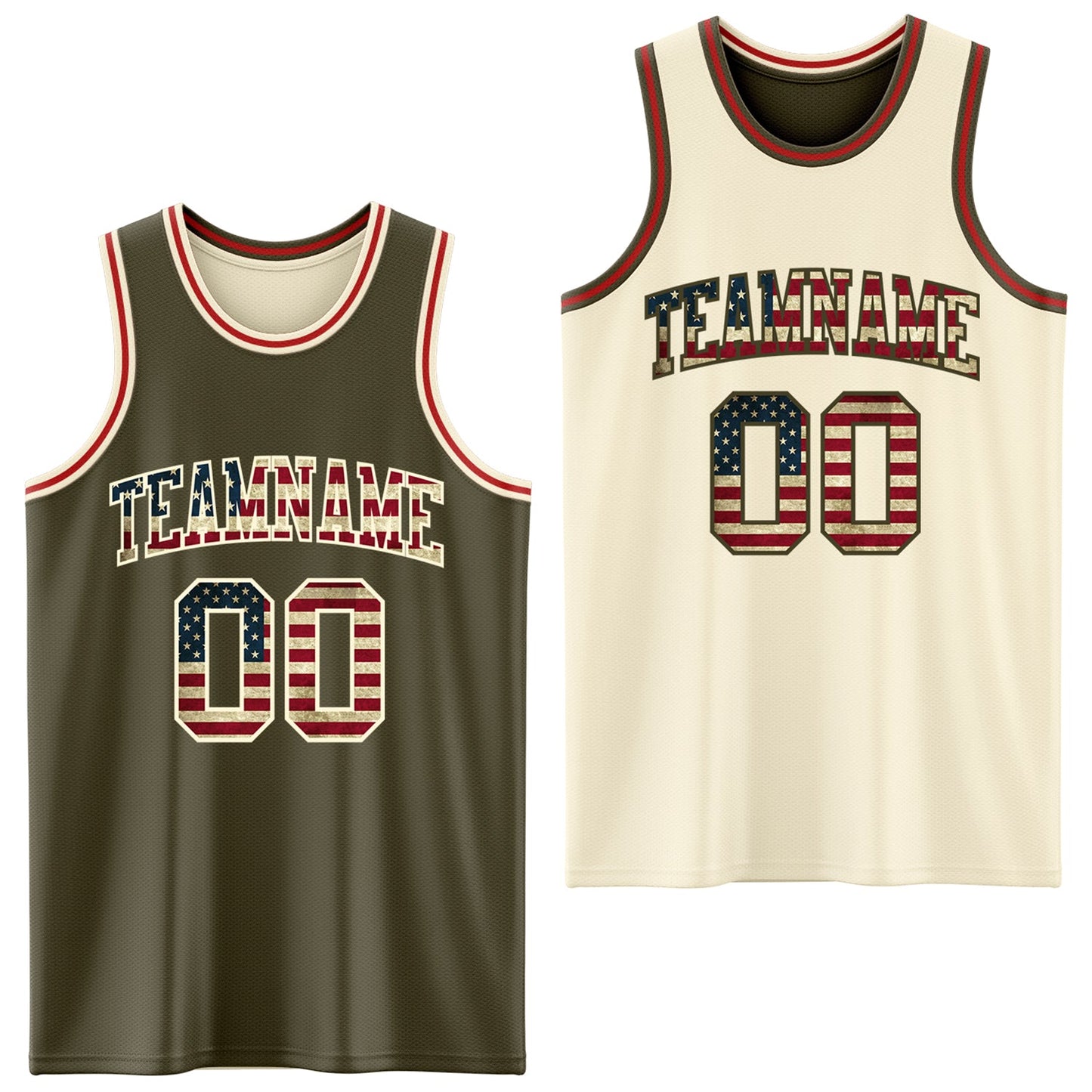 Custom Reversible Olive Vintage USA Flag Cream-Red Double Side Salute To Service Sublimation Basketball Suit Jersey - Sky-Custom