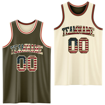 Custom Reversible Olive Vintage USA Flag Cream-Red Double Side Salute To Service Sublimation Basketball Suit Jersey - Sky-Custom