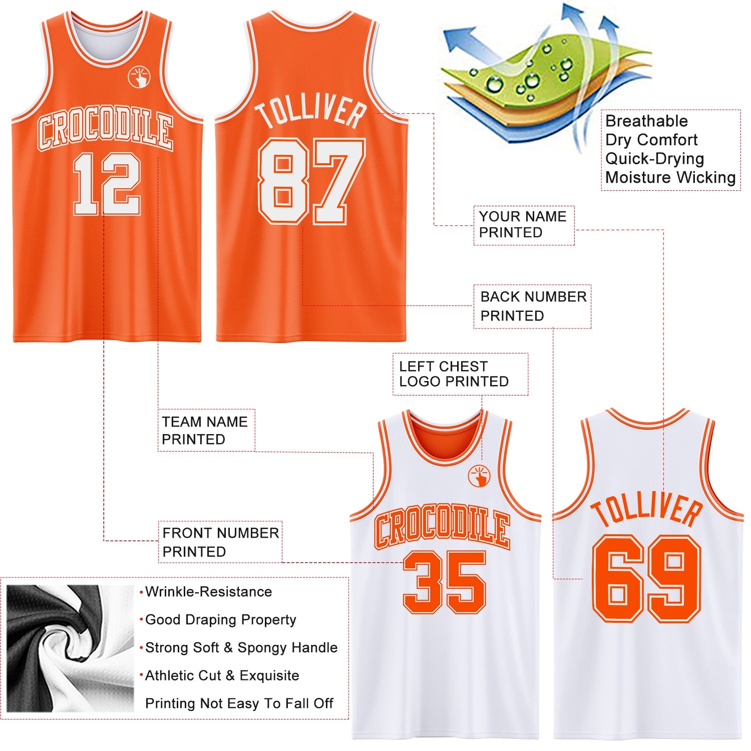 Custom Reversible Orange White Double Side Sublimation Basketball Suit Jersey - Sky-Custom