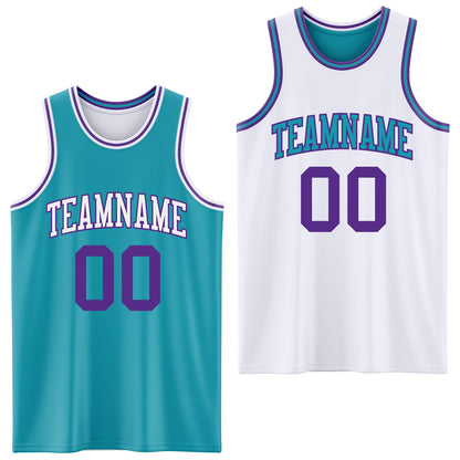 Custom Reversible Teal Purple-White Double Side Sublimation Basketball Suit Jersey - Sky-Custom