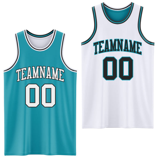 Custom Reversible Teal White-Black Double Side Sublimation Basketball Suit Jersey - Sky-Custom