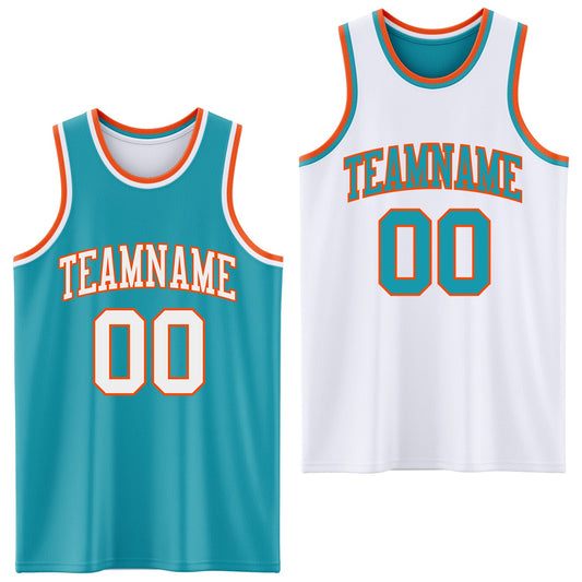 Custom Reversible Teal White-Orange Double Side Sublimation Basketball Suit Jersey - Sky-Custom
