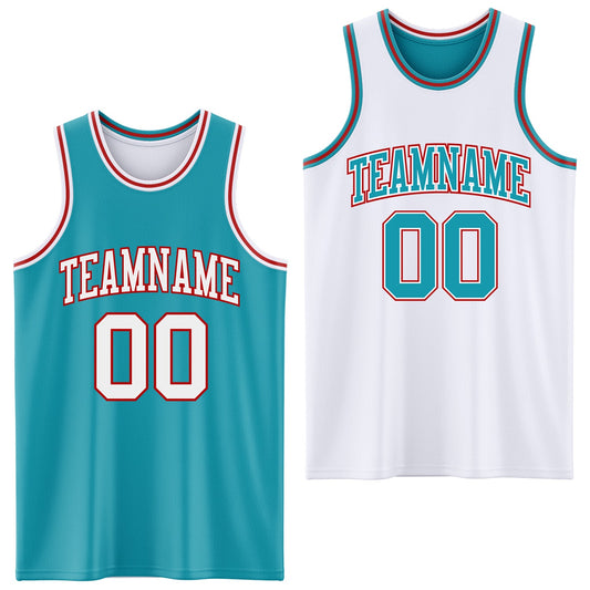 Custom Reversible Teal White-Red Double Side Sublimation Basketball Suit Jersey - Sky-Custom